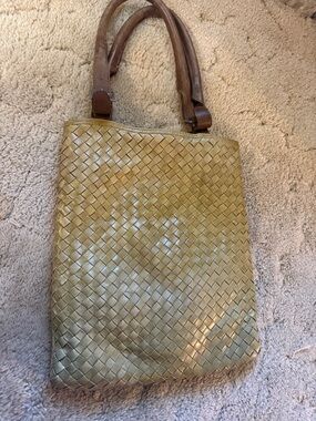latico Woven Leather Shoulder Bag in Olive Green with Brown Handles